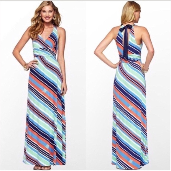 Lilly Pulitzer Amanda Maxi Dress Nautical Overboard Stripe Blue Green Orange - Picture 1 of 7